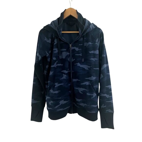 Athleta Triumph Blue Camo Print Full Zip Hoodie Pockets Size L Sweatshirt Jacket - Picture 5 of 15